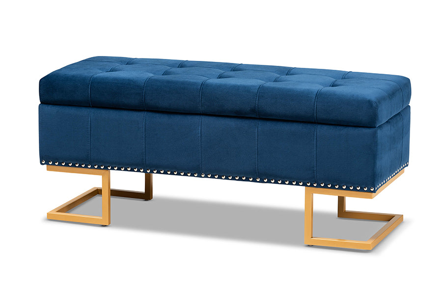 baxton studio ellery luxe and glam navy blue velvet fabric upholstered and gold finished metal storage ottoman | Modish Furniture Store-2
