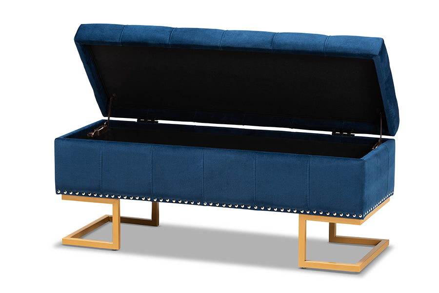 baxton studio ellery luxe and glam navy blue velvet fabric upholstered and gold finished metal storage ottoman | Modish Furniture Store-3