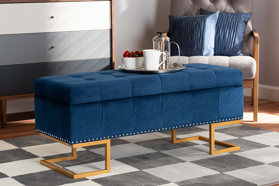 Baxton Studio Ellery Luxe and Glam Navy Blue Velvet Fabric Upholstered and Gold Finished Metal Storage Ottoman | Modishstore | Ottomans