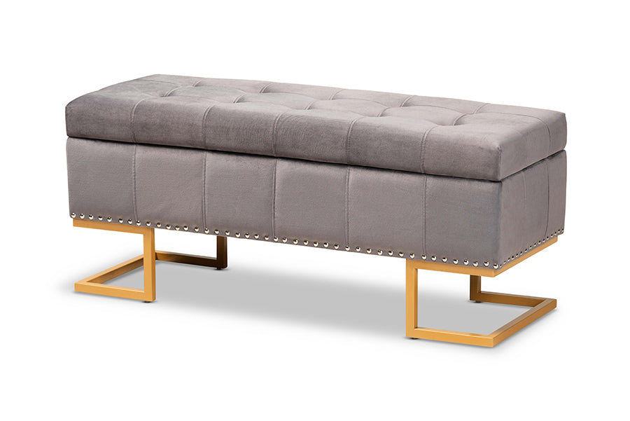 baxton studio ellery luxe and glam grey velvet fabric upholstered and gold finished metal storage ottoman | Modish Furniture Store-2