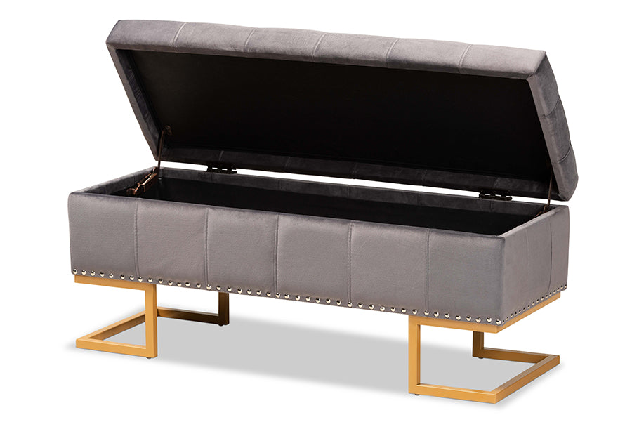 baxton studio ellery luxe and glam grey velvet fabric upholstered and gold finished metal storage ottoman | Modish Furniture Store-3