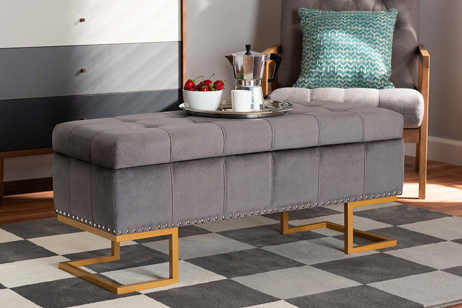 Baxton Studio Ellery Luxe and Glam Grey Velvet Fabric Upholstered and Gold Finished Metal Storage Ottoman | Modishstore | Ottomans
