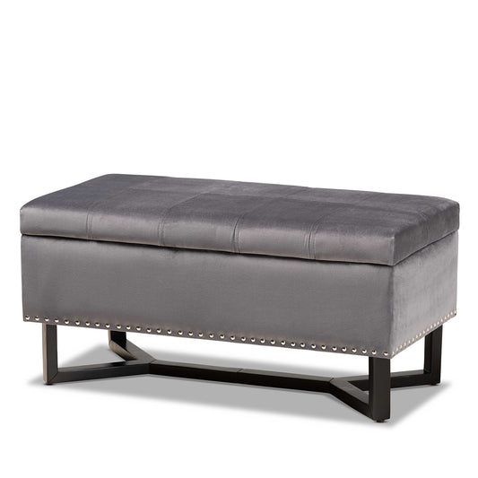 Baxton Studio Esther Modern and Contemporary Grey Velvet Fabric Upholstered and Dark Brown Finished Wood Storage Ottoman | Ottomans | Modishstore