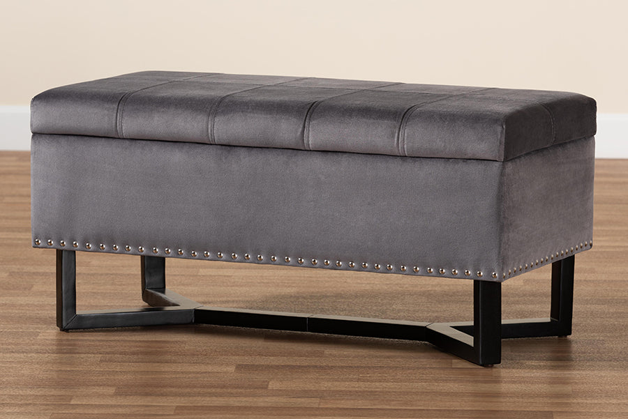 Baxton Studio Esther Modern and Contemporary Grey Velvet Fabric Upholstered and Dark Brown Finished Wood Storage Ottoman | Ottomans | Modishstore - 3
