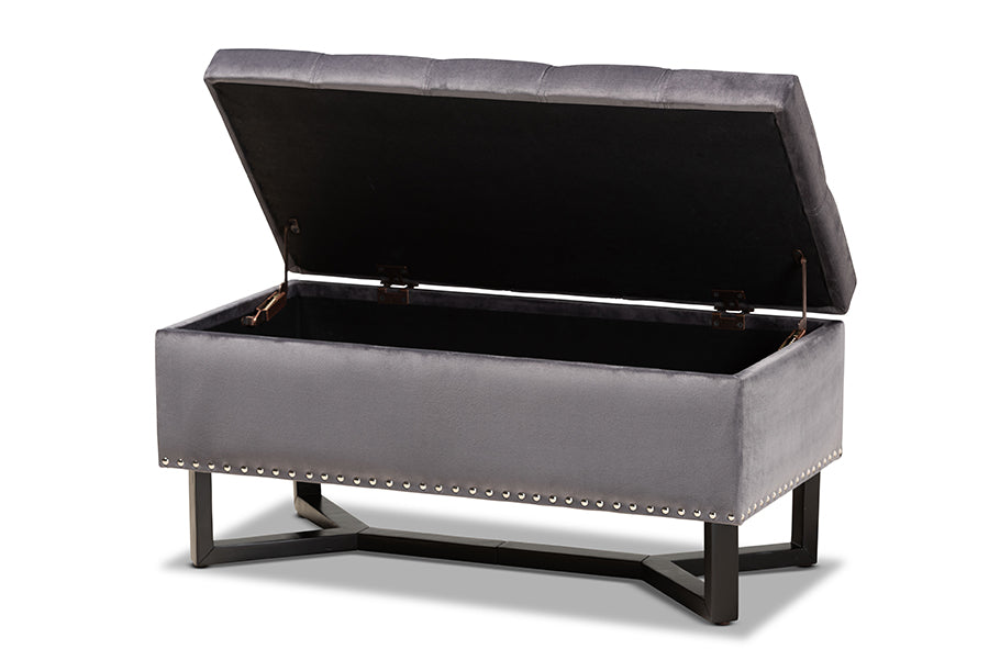 Baxton Studio Esther Modern and Contemporary Grey Velvet Fabric Upholstered and Dark Brown Finished Wood Storage Ottoman | Ottomans | Modishstore - 8