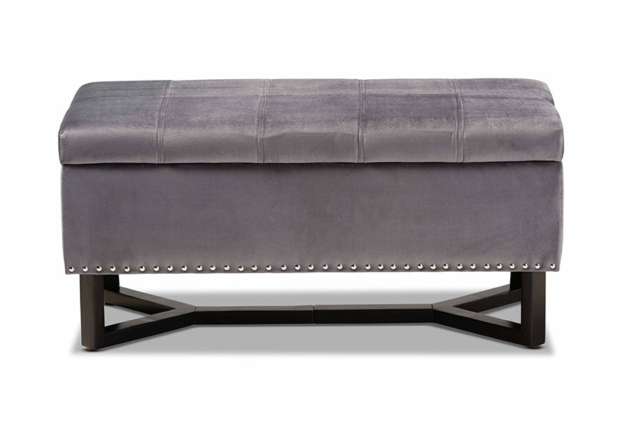 Baxton Studio Esther Modern and Contemporary Grey Velvet Fabric Upholstered and Dark Brown Finished Wood Storage Ottoman | Ottomans | Modishstore - 7