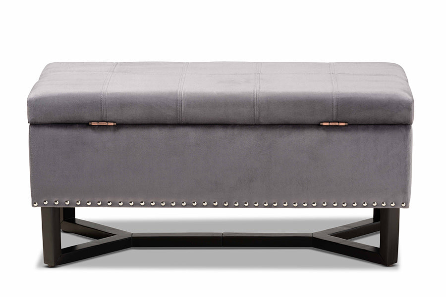 Baxton Studio Esther Modern and Contemporary Grey Velvet Fabric Upholstered and Dark Brown Finished Wood Storage Ottoman | Ottomans | Modishstore - 5