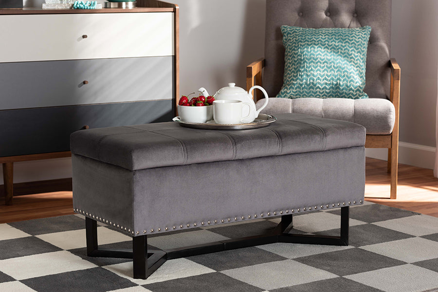 Baxton Studio Esther Modern and Contemporary Grey Velvet Fabric Upholstered and Dark Brown Finished Wood Storage Ottoman | Ottomans | Modishstore - 2