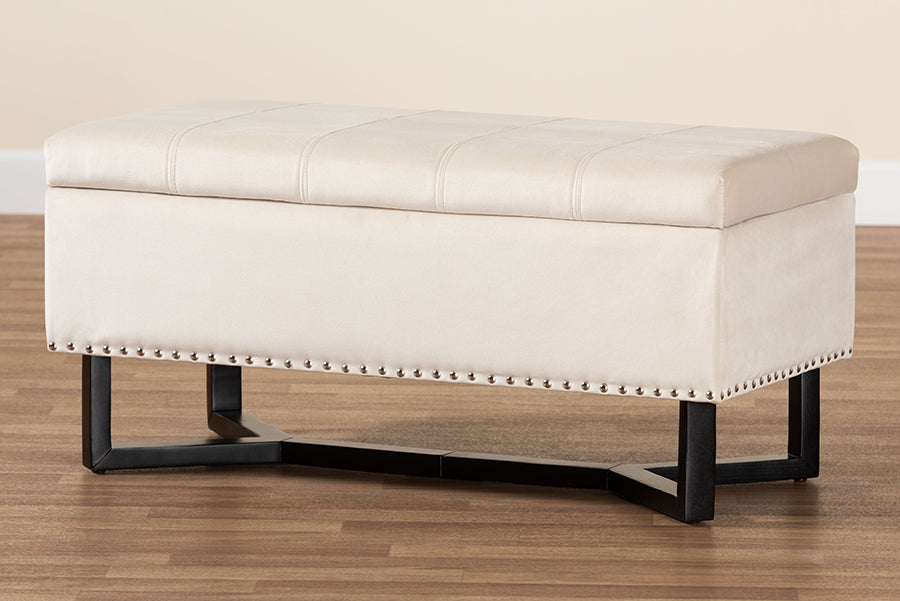 Baxton Studio Esther Modern and Contemporary Beige Velvet Fabric Upholstered and Dark Brown Finished Wood Storage Ottoman | Ottomans | Modishstore - 3