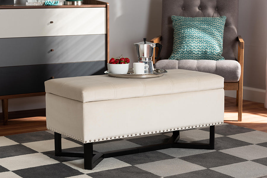 Baxton Studio Esther Modern and Contemporary Beige Velvet Fabric Upholstered and Dark Brown Finished Wood Storage Ottoman | Ottomans | Modishstore - 2