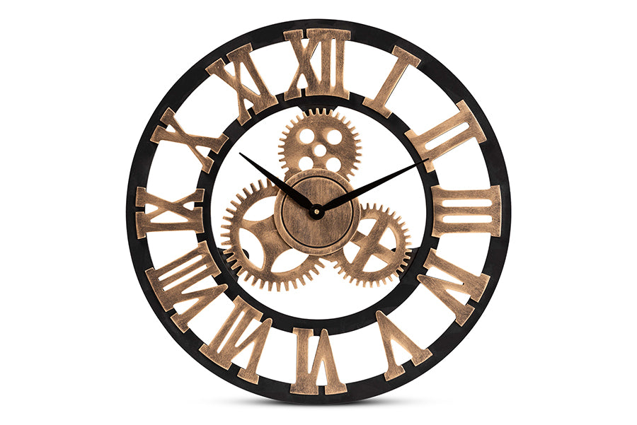 baxton studio randolph industrial vintage style black and distressed brown finished wood wall clock | Modish Furniture Store-2