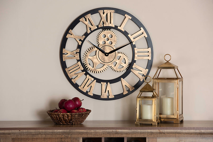 baxton studio randolph industrial vintage style black and distressed brown finished wood wall clock | Modish Furniture Store-3
