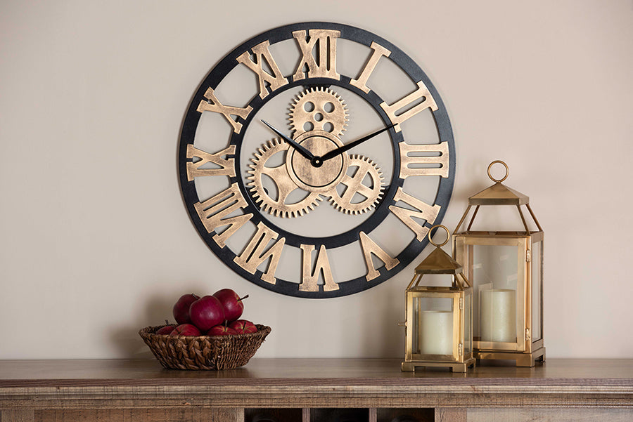 Baxton Studio Randolph Industrial Vintage Style Black and Distressed Brown Finished Wood Wall Clock | Modishstore | Clocks