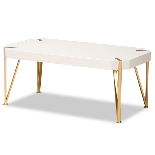 Baxton Studio Kassa Contemporary Glam and Luxe Brushed Gold Metal and White Finished Wood Coffee Table | Coffee Tables | Modishstore