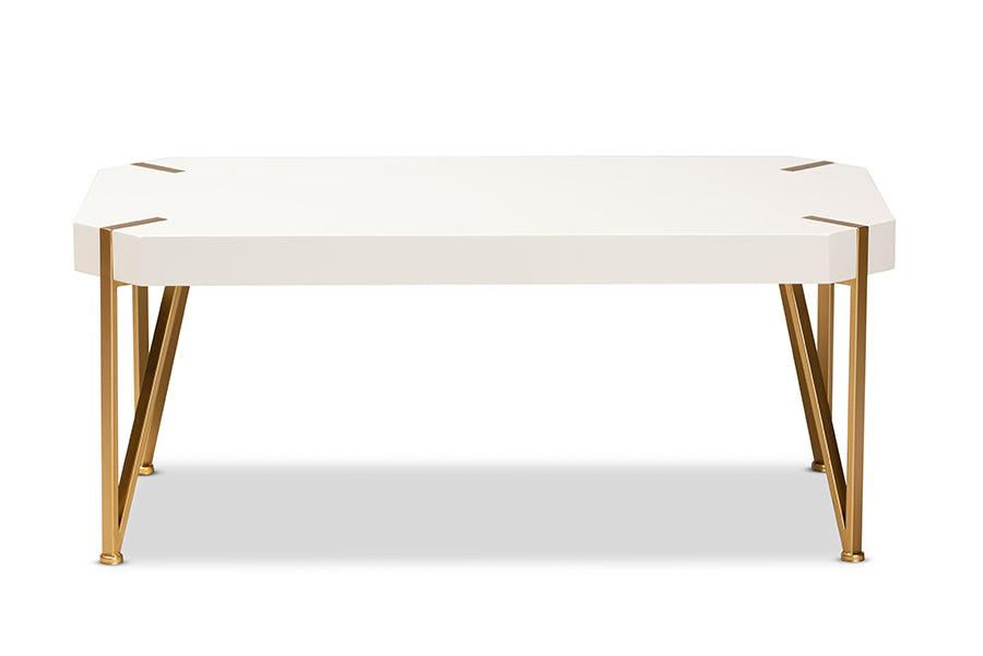 Baxton Studio Kassa Contemporary Glam and Luxe Brushed Gold Metal and White Finished Wood Coffee Table | Coffee Tables | Modishstore - 6