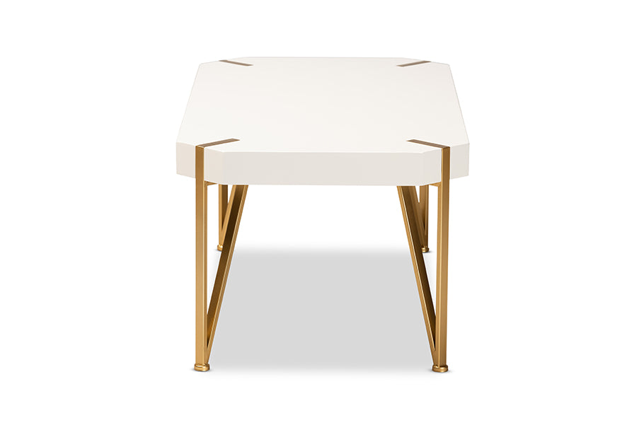 Baxton Studio Kassa Contemporary Glam and Luxe Brushed Gold Metal and White Finished Wood Coffee Table | Coffee Tables | Modishstore - 5