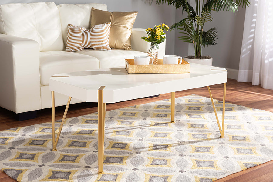 Baxton Studio Kassa Contemporary Glam and Luxe Brushed Gold Metal and White Finished Wood Coffee Table | Coffee Tables | Modishstore - 2