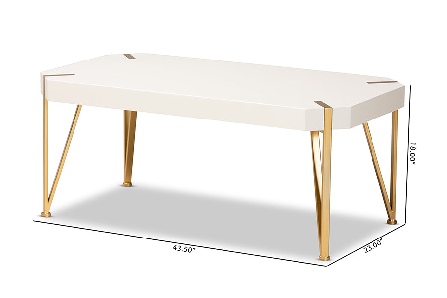 Baxton Studio Kassa Contemporary Glam and Luxe Brushed Gold Metal and White Finished Wood Coffee Table | Coffee Tables | Modishstore - 7