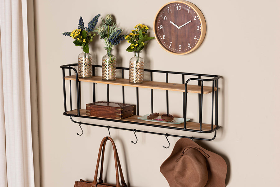 baxton studio jaron modern industrial oak finished wood and black finished metal 2 tier entryway wall mounted key and coat hanger | Modish Furniture Store-2