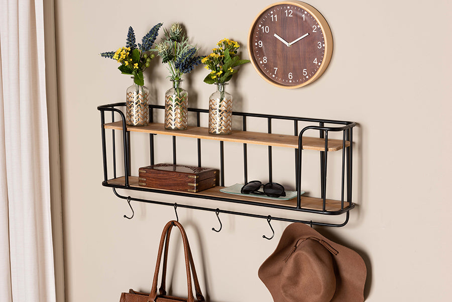 baxton studio jaron modern industrial oak finished wood and black finished metal 2 tier entryway wall mounted key and coat hanger | Modish Furniture Store-3