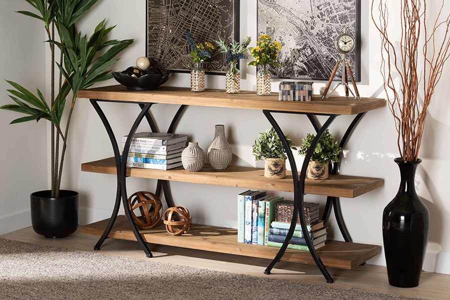 Baxton Studio Terrell Modern Rustic and Industrial Natural Brown Finished Wood and Black Finished Metal Console Table | Console Tables | Modishstore - 2