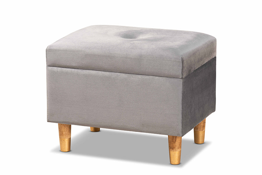 baxton studio elias modern and contemporary grey velvet fabric upholstered and oak brown finished wood storage ottoman | Modish Furniture Store-2