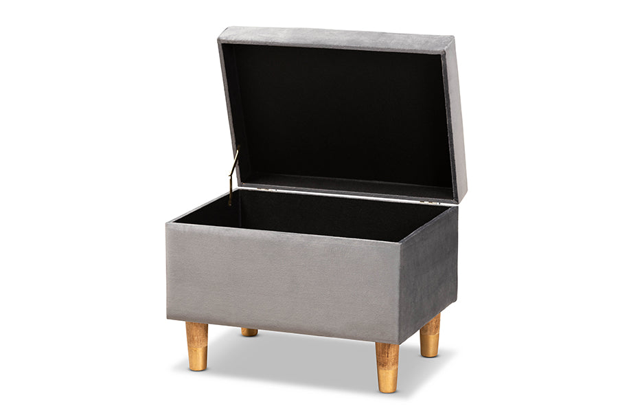 baxton studio elias modern and contemporary grey velvet fabric upholstered and oak brown finished wood storage ottoman | Modish Furniture Store-3