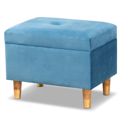 Baxton Studio Elias Modern and Contemporary Sky Blue Velvet Fabric Upholstered and Oak Brown Finished Wood Storage Ottoman | Ottomans | Modishstore