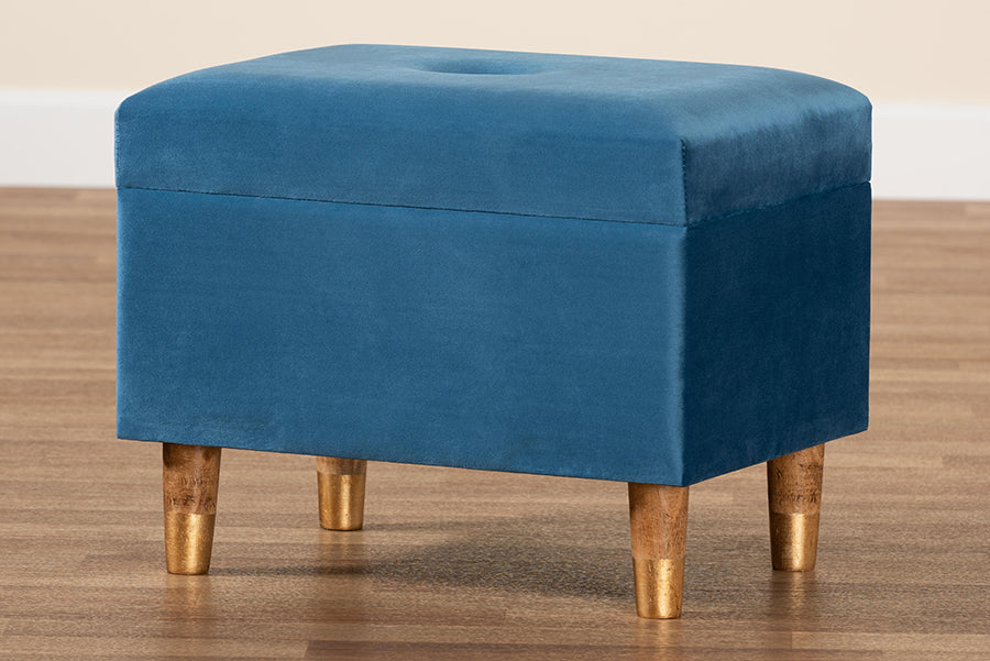 Baxton Studio Elias Modern and Contemporary Sky Blue Velvet Fabric Upholstered and Oak Brown Finished Wood Storage Ottoman | Ottomans | Modishstore - 3