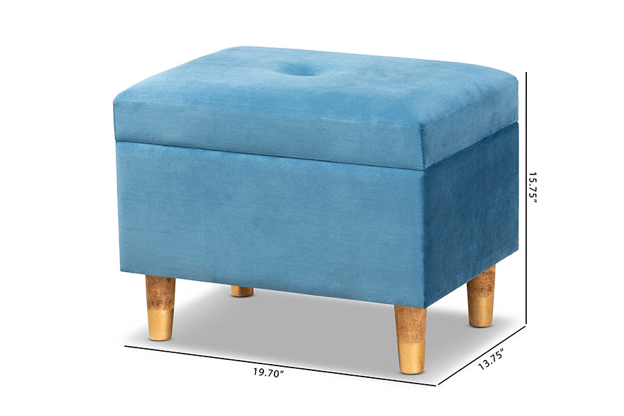Baxton Studio Elias Modern and Contemporary Sky Blue Velvet Fabric Upholstered and Oak Brown Finished Wood Storage Ottoman | Ottomans | Modishstore - 9