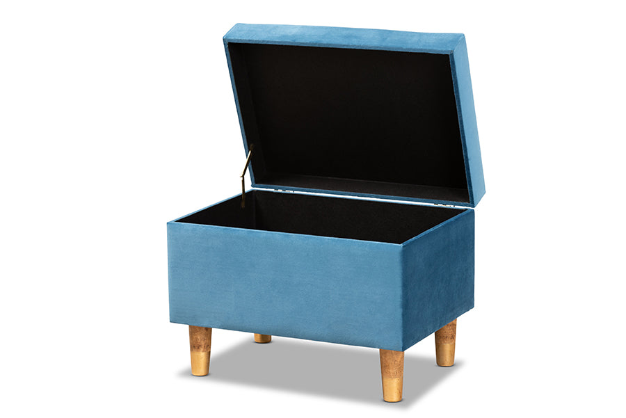 Baxton Studio Elias Modern and Contemporary Sky Blue Velvet Fabric Upholstered and Oak Brown Finished Wood Storage Ottoman | Ottomans | Modishstore - 8