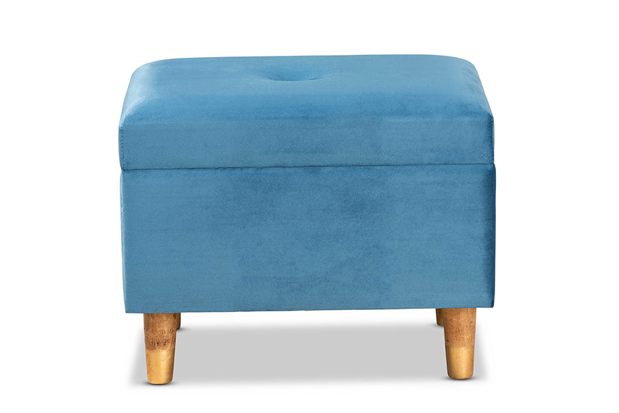 Baxton Studio Elias Modern and Contemporary Sky Blue Velvet Fabric Upholstered and Oak Brown Finished Wood Storage Ottoman | Ottomans | Modishstore - 7