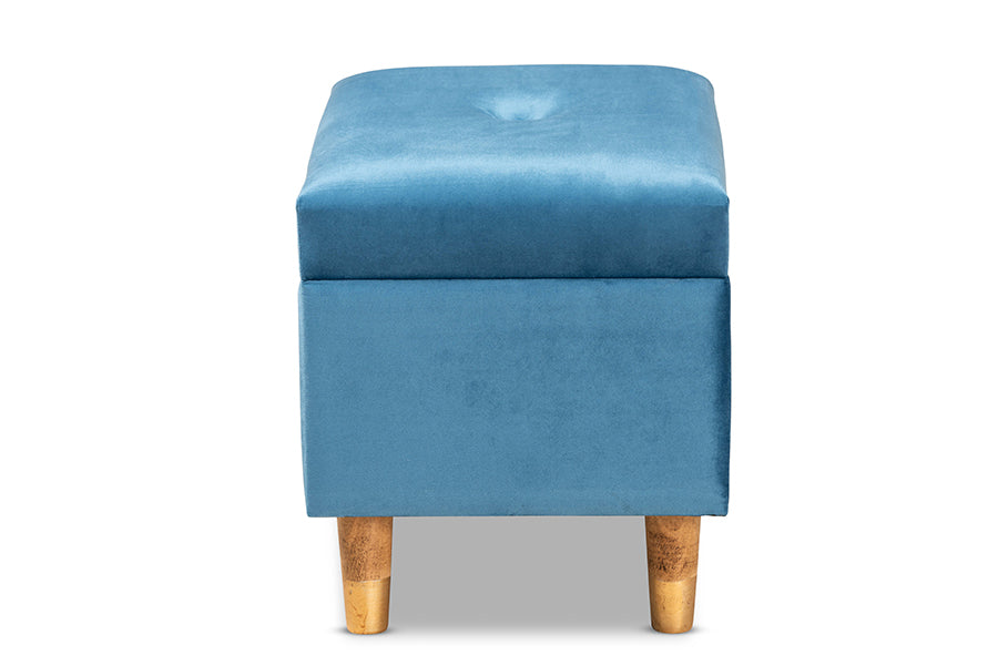 Baxton Studio Elias Modern and Contemporary Sky Blue Velvet Fabric Upholstered and Oak Brown Finished Wood Storage Ottoman | Ottomans | Modishstore - 6