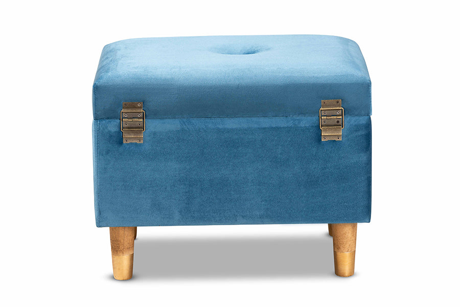 Baxton Studio Elias Modern and Contemporary Sky Blue Velvet Fabric Upholstered and Oak Brown Finished Wood Storage Ottoman | Ottomans | Modishstore - 5