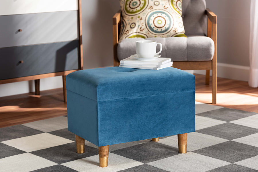 Baxton Studio Elias Modern and Contemporary Sky Blue Velvet Fabric Upholstered and Oak Brown Finished Wood Storage Ottoman | Ottomans | Modishstore - 2