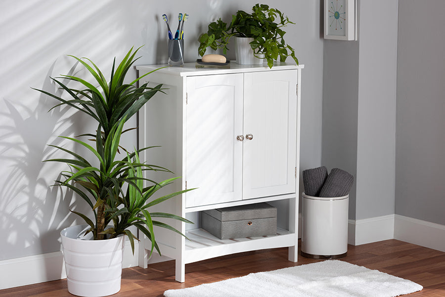 baxton studio jaela modern and contemporary white finished wood 2 door bathroom storage cabinet | Modish Furniture Store-2