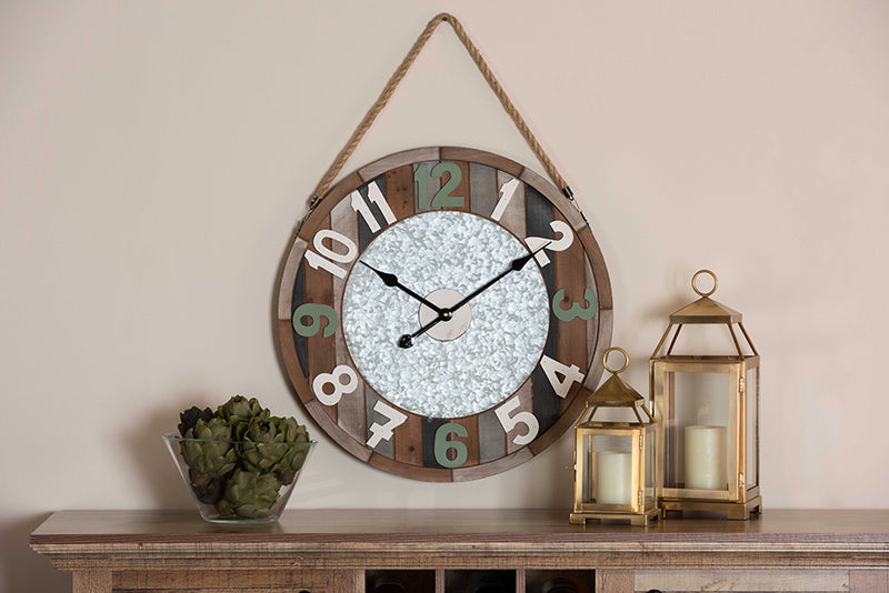 Baxton Studio Garrison Vintage Farmhouse Silver Metal and Multicolored Wood Wall Clock | Modishstore | Clocks