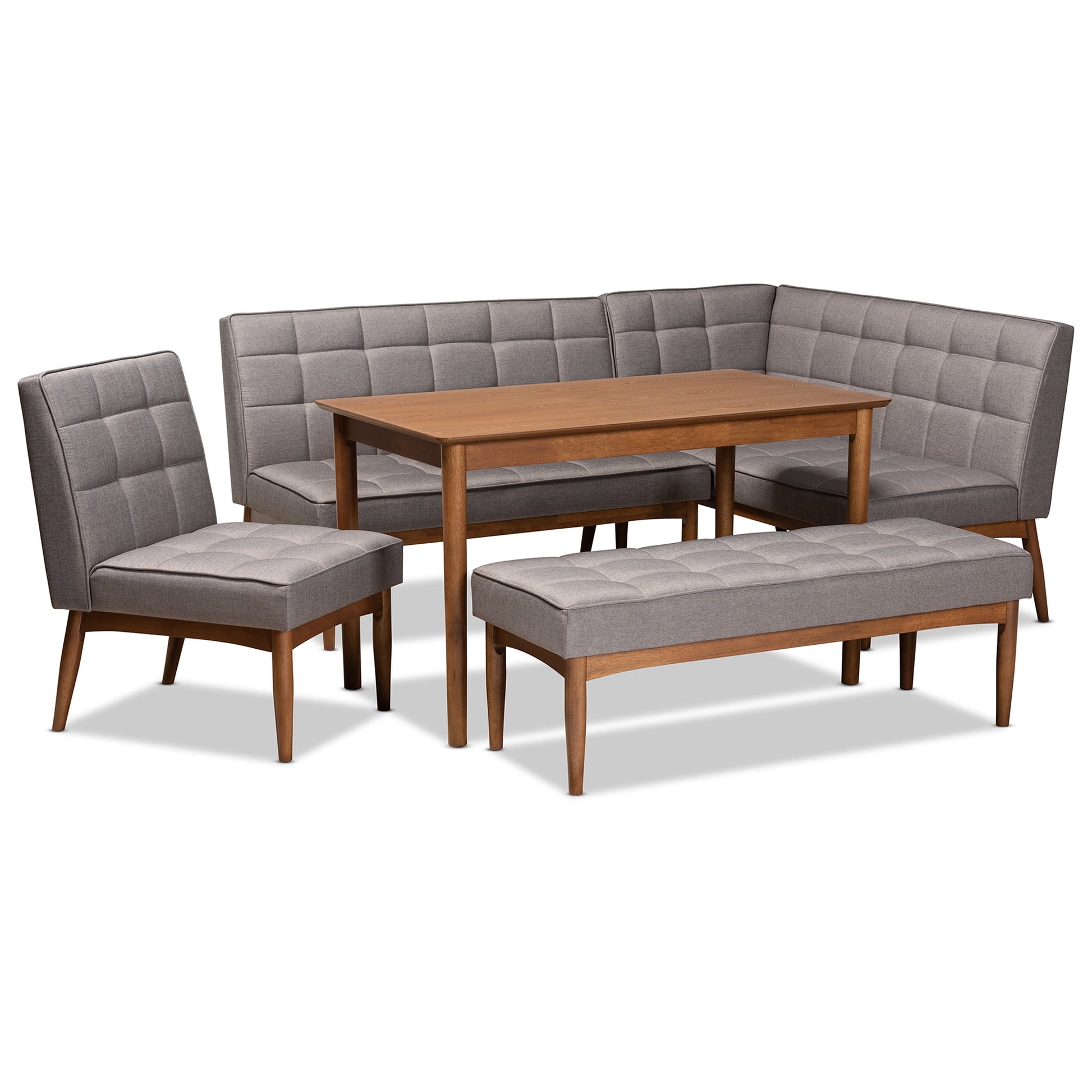 Baxton Studio Sanford Mid-Century Modern Grey Fabric Upholstered and Walnut Brown Finished Wood 5-Piece Dining Nook Set | Dining Sets | Modishstore - 2