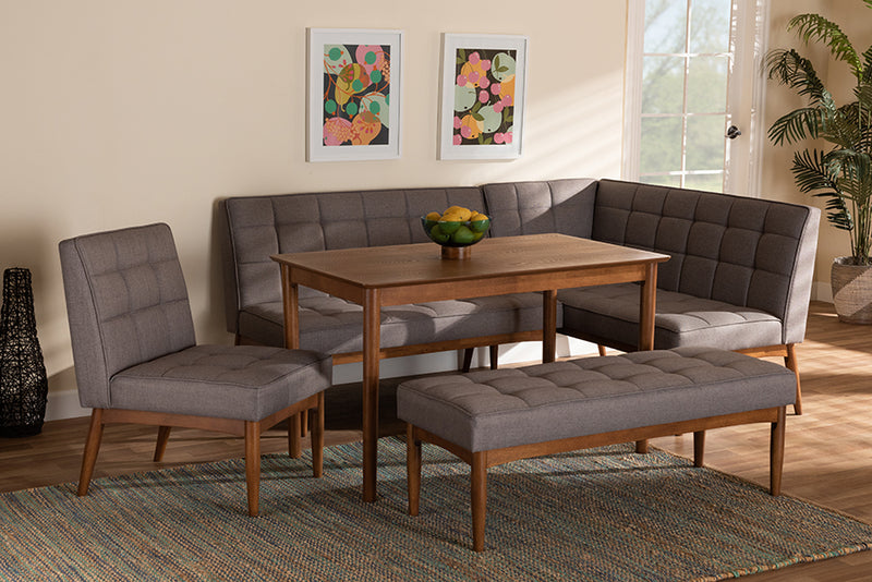 Baxton Studio Sanford Mid-Century Modern Grey Fabric Upholstered and Walnut Brown Finished Wood 5-Piece Dining Nook Set | Dining Sets | Modishstore