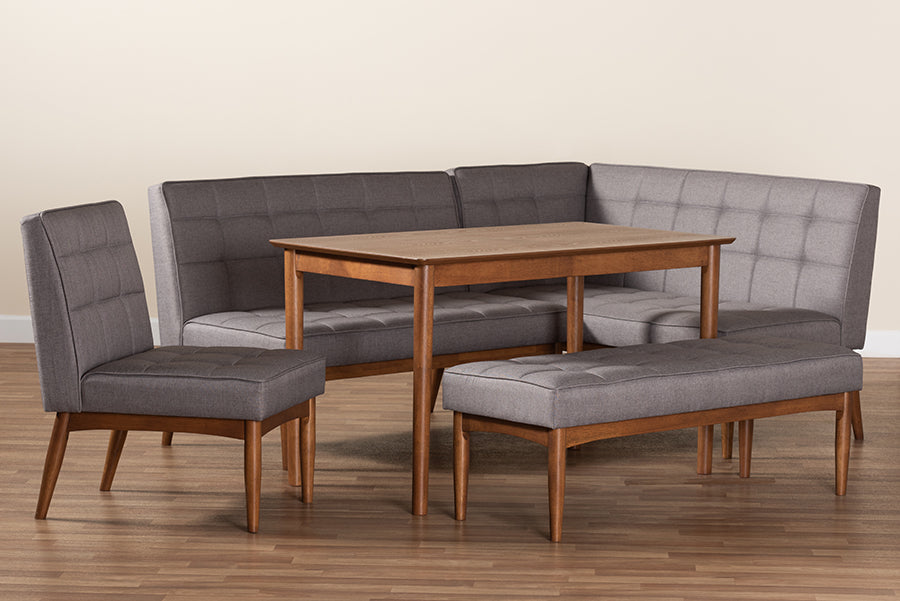Baxton Studio Sanford Mid-Century Modern Grey Fabric Upholstered and Walnut Brown Finished Wood 5-Piece Dining Nook Set | Dining Sets | Modishstore - 3