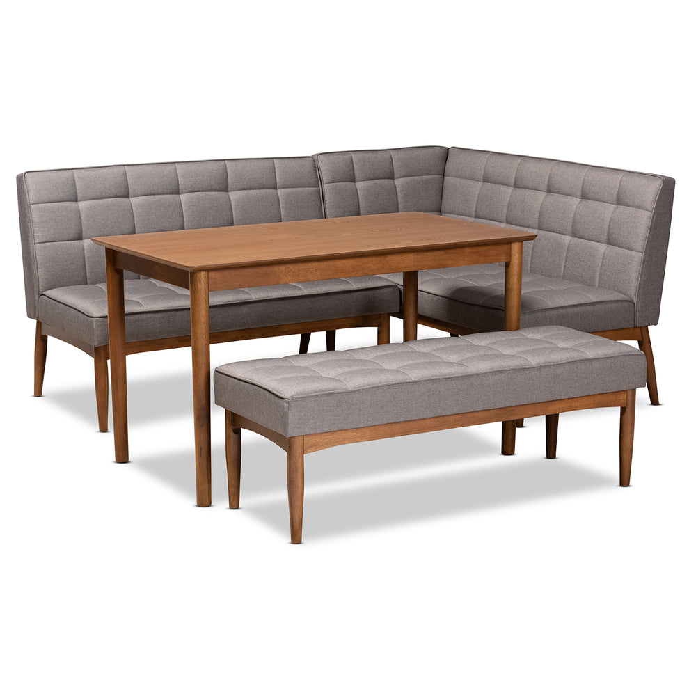 Baxton Studio Sanford Mid-Century Modern Grey Fabric Upholstered and Walnut Brown Finished Wood 4-Piece Dining Nook Set | Dining Sets | Modishstore - 2