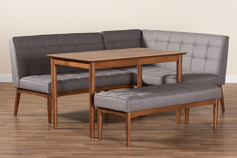 Baxton Studio Sanford Mid-Century Modern Grey Fabric Upholstered and Walnut Brown Finished Wood 4-Piece Dining Nook Set | Dining Sets | Modishstore - 3
