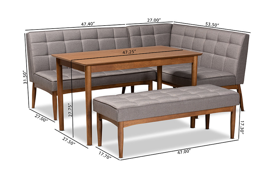 Baxton Studio Sanford Mid-Century Modern Grey Fabric Upholstered and Walnut Brown Finished Wood 4-Piece Dining Nook Set | Dining Sets | Modishstore - 4