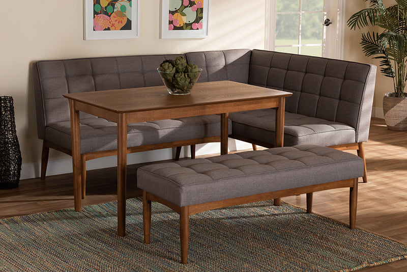 Baxton Studio Sanford Mid-Century Modern Grey Fabric Upholstered and Walnut Brown Finished Wood 4-Piece Dining Nook Set | Dining Sets | Modishstore