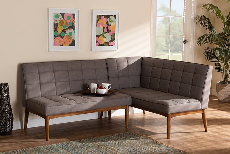 Baxton Studio Sanford Mid-Century Modern Grey Fabric Upholstered and Walnut Brown Finished Wood 2-Piece Dining Nook Banquette Set | Dining Sets | Modishstore