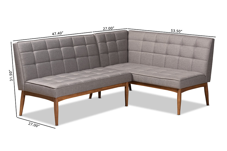 Baxton Studio Sanford Mid-Century Modern Grey Fabric Upholstered and Walnut Brown Finished Wood 2-Piece Dining Nook Banquette Set | Dining Sets | Modishstore - 3