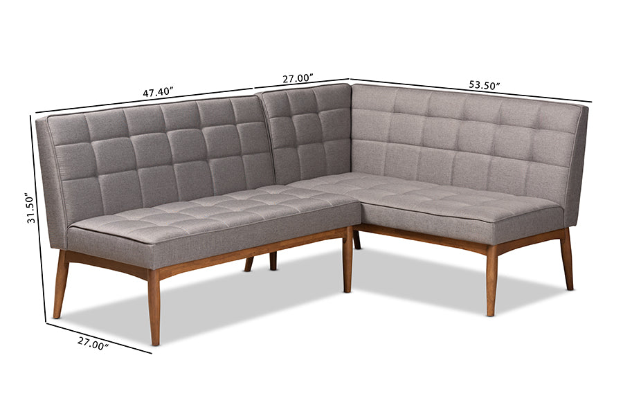 Baxton Studio Sanford Mid-Century Modern Grey Fabric Upholstered and Walnut Brown Finished Wood 2-Piece Dining Nook Banquette Set | Dining Sets | Modishstore - 3