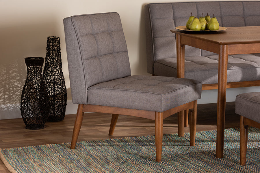 Baxton Studio Sanford Mid-Century Modern Grey Fabric Upholstered and Walnut Brown Finished Wood Dining Chair | Modishstore | Dining Chairs