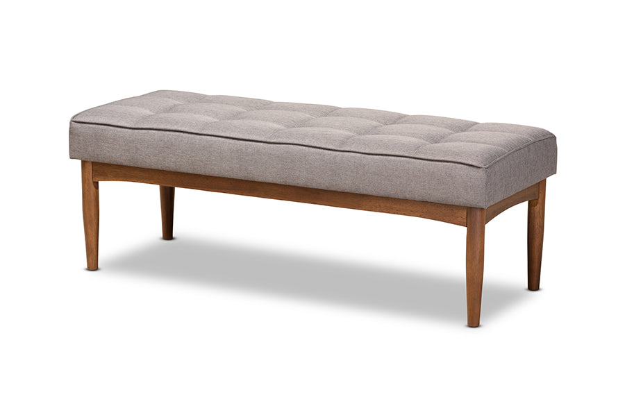 baxton studio sanford mid century modern grey fabric upholstered and walnut brown finished wood dining bench | Modish Furniture Store-2