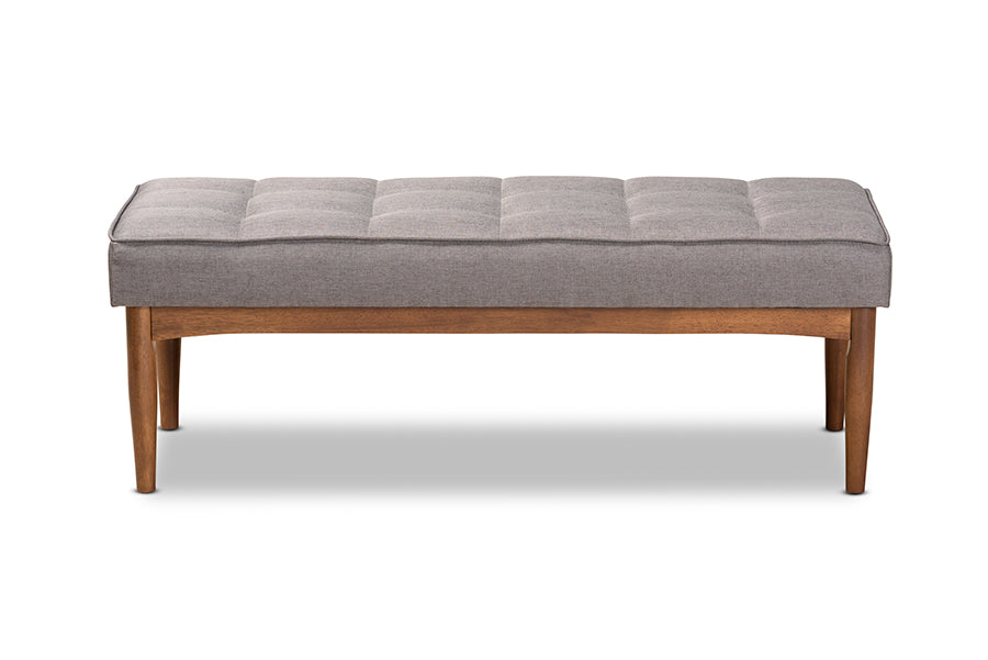 baxton studio sanford mid century modern grey fabric upholstered and walnut brown finished wood dining bench | Modish Furniture Store-3